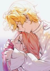 1boy 1girl alien_stage blonde_hair fugangyiyongzuowanyouyawotoufa hand_on_another&#039;s_mouth highres hug long_hair luka_(alien_stage) mizi_(alien_stage) pink_hair short_hair smile sweat white_background