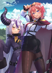 2girls ahoge ascot black_choker black_gloves black_hairband black_horns black_pantyhose black_shorts blue_eyes braid braided_bangs breast_zipper buttons chest_harness choker closed_mouth coat coat_dress coat_on_shoulders collar cuffs demon_horns double-breasted double-parted_bangs dress dress_shirt eyewear_on_head feathered_wings fingerless_gloves gloves grey_hair hair_between_eyes hairband harness head_wings high-waist_shorts highres hololive horns la+_darknesss la+_darknesss_(1st_costume) leather_shorts long_hair long_legs long_sleeves looking_at_viewer looking_back metal_collar mihaeru multicolored_hair multicolored_horns multiple_girls necktie open_mouth orange-tinted_eyewear pantyhose pink_hair pink_wings pointy_ears purple_coat purple_eyes purple_horns red_coat red_necktie shirt short_hair shorts sidelocks sleeve_garter sleeves_past_fingers sleeves_past_wrists streaked_hair sunglasses takane_lui takane_lui_(1st_costume) thigh_strap tinted_eyewear underbust very_long_hair virtual_youtuber white_ascot white_shirt wings yellow_ascot yellow_eyes