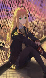 1girl absurdres black_pantyhose blazer blonde_hair breasts green_eyes gridman_universe highres jacket jianjia knees_up long_sleeves looking_at_viewer minami_yume outdoors pantyhose school_uniform sitting skirt small_breasts solo ssss.dynazenon sunset vest yellow_vest