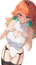 1girl alternate_costume bare_arms black_thighhighs blush breasts cleavage cleavage_cutout clothing_cutout colored_inner_hair commentary earrings english_commentary feather_earrings feathers garter_belt gradient_hair green_feathers green_hair hair_flaps highleg highleg_leotard highres hololive hololive_english jewelry large_breasts leotard lessone long_hair looking_at_viewer multicolored_hair orange_hair paid_reward_available parted_lips purple_eyes ribbed_leotard ribbed_sweater sideless_leotard simple_background solo sweater takanashi_kiara thighhighs turtleneck turtleneck_sweater virtual_youtuber white_background white_leotard