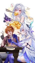 Rule 34 | !, 1boy, 1girl, artist logo, black gloves, breasts, chopsticks, closed eyes, commentary request, dress, food, fork, genshin impact, gloves, grey pants, hair ornament, highres, holding, holding fork, large breasts, logo, long hair, open mouth, pants, pink eyes, pottsness, prosthesis, prosthetic arm, prosthetic leg, red shirt, shirt, sitting, skirk (genshin impact), spoken exclamation mark, surtalogi (genshin impact), table, tartaglia (genshin impact), thumbs up, vision (genshin impact), watermark, white dress, white hair