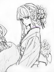 1girl absurdres alternate_costume bouquet braid braided_bun chabashira_tenko closed_mouth cropped_torso danganronpa_(series) danganronpa_v3:_killing_harmony eyelashes flower greyscale hair_bun hair_flower hair_ornament hair_ribbon happy highres holding holding_behind_back holding_bouquet japanese_clothes kimono long_sleeves monochrome nape_braid petals pointy_nose ribbon shimaya short_hair_with_long_locks signature single_hair_bun single_sidelock sketch smile solo traditional_media updo wide_sleeves yukata