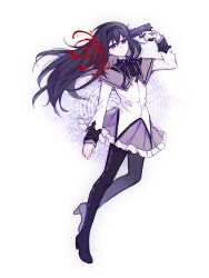 1girl akemi_homura akemi_homura_(magical_girl) argyle_clothes argyle_footwear black_boots black_hair black_hairband blood boots capelet flower full_body gun gun_to_head hairband high_heel_boots high_heels highres holding holding_gun holding_weapon homulilly jacket long_hair looking_at_viewer mahou_shoujo_madoka_magica mahou_shoujo_madoka_magica_(anime) neck_ribbon purple_capelet purple_eyes purple_ribbon purple_skirt ribbon risheng_yueyin simple_background skirt smile solo spider_lily suicide thigh_boots weapon white_background white_jacket