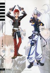00s 2boys absurdres belt blue_eyes chaos chaos_(xenosaga) gaignun_kukai_jr. gloves gun handgun highres jacket jr. multiple_boys pistol red_hair weapon white_hair xenosaga xenosaga_episode_iii zoom_layer