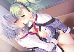1boy 1girl 8kumagawa_(log) absurdres arm_at_side ass asuka_minato black_hairband blue_eyes blue_hair blush braid breast_press breasts breasts_out censored chalkboard classroom cleavage commentary_request commission cowboy_shot dutch_angle eye_contact french_kiss from_side green_hair hairband half-closed_eyes hand_on_another&#039;s_hip hand_on_another&#039;s_shoulder happy_sex hetero highres hug indoors kiss large_breasts long_sleeves looking_at_another medium_hair minami_miyu mosaic_censoring necktie nipples open_clothes open_shirt otome_domain profile red_eyes red_necktie revision school_uniform sex shirt short_necktie side_braid single_braid skeb_commission sleeves_past_wrists standing standing_sex trap vaginal white_shirt