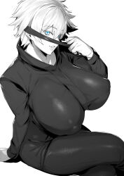 1girl absurdres black_blindfold black_jacket black_pants blindfold blindfold_lift blue_eyes breasts genderswap genderswap_(mtf) gojou_satoru highres huge_breasts jacket jujutsu_kaisen lips long_sleeves looking_at_viewer pale_skin pants short_hair simple_background smile solo thirty_8ght white_background white_hair