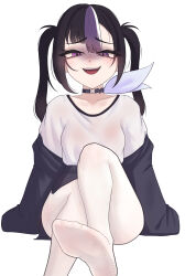 Rule 34 | 1girl, absurdres, black choker, black hair, black skirt, cchiii, choker, cosplay, foot up, goddess of victory: nikke, highres, long hair, multicolored hair, open mouth, pantyhose, purple eyes, purple hair, purple ribbon, ribbon, shirt, skirt, solo, sora (nikke), sora (nikke) (cosplay), syuen (nikke), twintails, white pantyhose, white shirt, white streaks