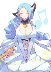 Rule 34 | 1girl, absurdres, blue hair, blush, breasts, cleavage, closed eyes, closed mouth, commentary request, dress, duel monster, earrings, facing viewer, heart, heart earrings, highres, jewelry, kanzakietc, large breasts, long hair, musical note, simple background, smile, solo, tagme, tisolfachord beautia, very long hair, white background, white dress, yu-gi-oh!