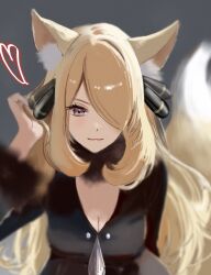 1girl animal_ears blonde_hair breasts cleavage closed_mouth coat commentary_request cynthia_(pokemon) fox_ears fox_girl fox_tail fur_collar fur_trim grey_eyes hair_ornament hair_over_one_eye highres large_breasts long_hair long_sleeves looking_at_viewer nintendo pokemon pokemon_dppt revision ringosan2329 smile solo tail very_long_hair