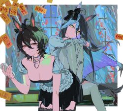 2girls agnes_tachyon_(umamusume) ahoge an1th1ngnb animal_ears arm_rest bare_shoulders black_bow black_choker black_hair black_skirt bow breasts brown_hair choker cleavage collarbone crescent cross cross_necklace curtains ear_bow expressionless frilled_shirt frills garter_straps green_pants green_shirt hair_between_eyes hanging_breasts head_tilt highres horse_ears horse_girl indoors jewelry lace lace-trimmed_thighhighs lace_trim large_breasts leaning_forward leg_up long_bangs long_hair long_hair_between_eyes looking_at_viewer low-cut manhattan_cafe_(umamusume) multiple_girls necklace night night_sky ofuda pants red_eyes second-party_source shirt short_hair skirt sky smile thighhighs umamusume very_long_hair white_hair white_shirt wind window wolf_cut yellow_eyes