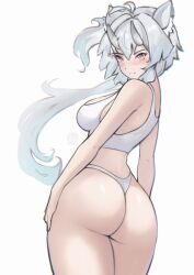 1girl absurdres animal_ear_fluff animal_ears ass blush breasts chascoby closed_mouth commentary from_behind grey_hair grey_horns hair_between_horns highres horns kobita_(chascoby) long_hair looking_at_viewer looking_back medium_breasts original panties solo sports_bra underwear underwear_only white_background white_panties white_sports_bra