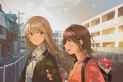 2girls backpack bag black_bag black_jacket black_ribbon blonde_hair bouquet brown_eyes brown_hair building closed_mouth collared_shirt commentary_request dress_shirt flower fly_(marguerite) grabbing_another&#039;s_arm highres jacket jewelry long_hair medium_hair multiple_girls neck_ribbon necklace open_mouth original outdoors pink_shirt power_lines railing ribbon river shirt sidelocks teeth white_shirt