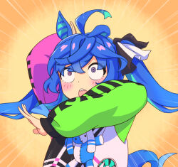1girl @_@ ahoge animal_ears blue_hair commentary_request gundam gundam_gquuuuuux heterochromia highres horse_ears horse_girl horse_tail jacket long_sleeves monmonmur open_mouth parody pink_eyes purple_eyes scene_reference sharp_teeth solo tail teeth twin_turbo_(umamusume) twintails umamusume upper_body