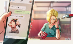 Rule 34 | 1boy, 1girl, android 18, blonde hair, blue eyes, breasts, cellphone, cellphone photo, censored nipples, couple, dragon ball, highres, husband and wife, kuririn, phone, sarulart, text messaging