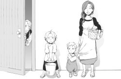 1girl 3boys :o ^_^ alphonse_elric antenna_hair apron bad_id bad_pixiv_id basket breasts brothers bucket closed_eyes couple door dress edward_elric closed_eyes family father_and_son full_body fullmetal_alchemist glasses graphite_(medium) greyscale holding_hands happy height_difference hetero holding_finger indoors long_hair long_sleeves looking_at_another looking_at_viewer monochrome mother_and_son multiple_boys open_mouth overalls ponytail sandals serious short_hair shorts siblings smile spread_legs standing tame traditional_media trisha_elric van_hohenheim aged_down