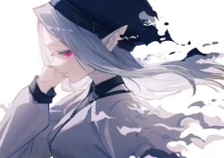1girl black_hat closed_mouth collared_shirt floating_hair hat hatski.sin highres long_hair looking_at_viewer original pointy_ears red_eyes shirt solo white_background white_shirt