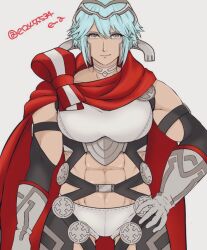 1girl abs blue_hair breasts cape dagr_(fire_emblem) e_m_a fire_emblem fire_emblem_heroes gluteal_fold grey_eyes highres large_breasts muscular muscular_female nintendo obliques red_cape short_hair smile solo