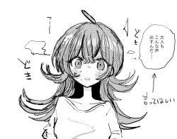 1girl ahoge blush breasts highres idolmaster idolmaster_shiny_colors komiya_kaho loli long_hair medium_breasts monochrome simple_background sweat white_background