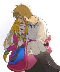 1boy 1girl blonde_hair brown_hair carrying closed_eyes couple earrings happy hetero highres humanlynn instrument jewelry link long_hair lute_(instrument) nintendo open_mouth pointy_ears princess_carry princess_zelda simple_background the_legend_of_zelda the_legend_of_zelda:_skyward_sword tunic white_background white_tunic