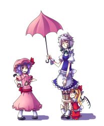 3girls :c apron bat_wings black_eyes blonde_hair blue_dress bobby_socks braid daigada dress eyebrows fishnet_legwear fishnets flandre_scarlet hair_ribbon hat hugging_another&#039;s_legs image_sample izayoi_sakuya light_purple_hair long_dress looking_at_another maid maid_apron maid_headdress mary_janes miniskirt mob_cap multiple_girls pink_dress red_dress red_eyes remilia_scarlet ribbon shoes short_hair siblings silver_hair sisters sitting skirt socks standing teardrop thighhighs touhou tress_ribbon twin_braids umbrella wavy_hair wavy_mouth wings wrist_cuffs zettai_ryouiki
