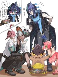 ! 2boys animal_ear_fluff animal_ears arm_tattoo bat_ears black_gloves black_shirt blue_eyes blue_hair blue_scarf cacucu chibi closed_mouth collarbone collared_shirt cowboy_hat dark-skinned_male dark_skin facial_tattoo feathers food full_body genshin_impact gloves hair_between_eyes hand_on_own_hip hand_up hat heterochromia highres holding holding_plate hood hood_up id_card ifa_(genshin_impact) jacket lapels looking_at_another male_focus multiple_boys neck_tattoo notice_lines open_clothes open_jacket open_mouth ororon_(genshin_impact) ota_(ooo_tsn) pink_eyes plate pointing pointing_at_self qucusaurus_(genshin_impact) saurus_crackers_(genshin_impact) scar scar_across_eye scar_on_face scarf shirt short_hair simple_background sleeveless sleeveless_shirt sleeves_rolled_up smile spoken_exclamation_mark squatting tattoo tepetlisaurus_(genshin_impact) translated white_background white_hair white_hat white_jacket