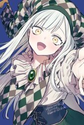 Rule 34 | 1girl, :d, bang dream!, bang dream! it&#039;s mygo!!!!!, blue background, blue corset, brown hat, checkered hat, collar, commentary request, corset, crazy eyes, dated, frilled collar, frilled sleeves, frills, green brooch, green hair, green hat, hachibousei dance (bang dream!), hat, hat tassel, head tilt, highres, ho-cki, jester cap, long hair, long sleeves, looking at viewer, mortis (bang dream!), mortis (persona) (bang dream!), multicolored hat, official alternate costume, open mouth, outstretched arm, reaching, reaching towards viewer, shirt, simple background, smile, solo, upper body, wakaba mutsumi, white hat, white shirt, yellow eyes