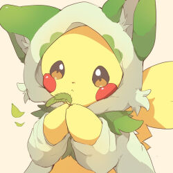 brown_eyes cattail chiko_(chi_p_71) closed_mouth commentary_request cosplay gen_1_pokemon nintendo no_humans pikachu plant pokemon pokemon_(creature) simple_background solo sprigatito sprigatito_(cosplay)