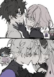 2boys 2girls :&lt; armor black_armor black_gloves black_hair blue_eyes brown_eyes candy chibi closed_eyes covering_another&#039;s_eyes demon_girl demon_horns fate/grand_order fate_(series) food from_side fujimaru_ritsuka_(male) fujimaru_ritsuka_(male)_(decisive_battle_chaldea_uniform) galahad_(fate) gloves grey_hair hetero highres hood hood_up horns kiss knight lilith_(fate) lilith_(first_ascension)_(fate) lilith_(third_ascension)_(fate) lollipop lollipop_in_mouth looking_at_another lplplup mash_kyrielight mash_kyrielight_(ortenaus) multiple_boys multiple_girls one_eye_covered pointy_ears profile purple_hair simple_background sweat sweatdrop white_background