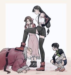 Rule 34 | 1boy, 3girls, aerith gainsborough, armor, asymmetrical legwear, bare shoulders, black hair, black skirt, black thighhighs, boots, breasts, brown footwear, brown hair, clenched hands, crop top, don corneo, dress, elbow gloves, final fantasy, final fantasy vii, final fantasy vii rebirth, final fantasy vii remake, fingerless gloves, foot on back, fur-trimmed jacket, fur trim, furrowed brow, gloves, green shirt, grin, hair ribbon, hair tubes, hands on own hips, highres, jacket, long dress, long hair, loose socks, low-tied long hair, medium breasts, midriff, miniskirt, multiple girls, oishiioniku1129, open mouth, orange shoes, pink dress, pink ribbon, pleated skirt, red footwear, red jacket, ribbon, shaded face, shirt, shoes, short hair, shoulder armor, single bare shoulder, single shoulder pad, skirt, smile, sneakers, socks, squatting, suspenders, thighhighs, tifa lockhart, white background, white shirt, yuffie kisaragi