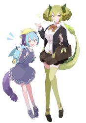 2girls anklet backpack bag blue_dress blue_hair blush boots bow breasts closed_mouth dragon_girl dragon_horns dragon_tail dress duel_monster eastern_dragon_horns fang flute green_hair hair_ornament hat heart highres holding holding_bag horns instrument jewelry large_breasts laundry_dragonmaid leaf leaf_on_head long_sleeves looking_at_viewer miniskirt multiple_girls notice_lines open_mouth orange_bow orange_eyes parlor_dragonmaid sakuragi_raia school_uniform simple_background skirt smile tail thighhighs thighs twintails white_background yellow_eyes yu-gi-oh! zettai_ryouiki