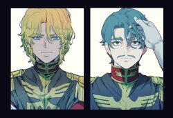 Rule 34 | 2boys, blonde hair, blue eyes, challia bull, char aznable, epaulettes, facial hair, gloves, green eyes, green hair, gundam, gundam gquuuuuux, hand in another&#039;s hair, high collar, jacket, long sleeves, looking at viewer, male focus, military jacket, military uniform, mizu mo gura, multiple boys, mustache, red jacket, short hair, simple background, upper body, white background