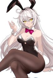 1girl alternate_costume animal_ear_hairband animal_ears bare_shoulders black_leotard black_pantyhose bow bowtie closed_mouth collar commentary corrupted_twitter_file crossed_legs cutout_above_navel detached_collar english_commentary fake_animal_ears hair_between_eyes hair_intakes hairband hand_up highres honkai_(series) honkai_impact_3rd invisible_chair kiana_kaslana kiana_kaslana_(herrscher_of_the_void) leotard long_hair looking_at_viewer pantyhose pink_bow pink_bowtie playboy_bunny rabbit_ear_hairband rabbit_ears simple_background sitting smile solo strapless strapless_leotard very_long_hair white_background white_collar white_hair white_wrist_cuffs wrist_cuffs yellow_eyes yue_kanade