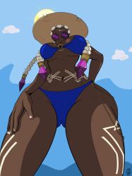 1girl bodypaint braid braided_ponytail breasts cleavage collar curvy dark-skinned_female dark_skin dolores_(kof) dress female_focus glasses gold green_eyes jewelry large_breasts lingerie long_hair looking_at_viewer mcm82 multicolored_hair necklace pov purple_hair round_eyewear the_king_of_fighters thick_lips two-tone_hair underwear very_dark_skin white_hair