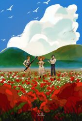 1boy 2girls ace_attorney bassoon bird black_pants braid brown_hair clarinet closed_eyes cloud commentary cumulonimbus_cloud dress english_commentary field flower flower_field flute glasses headband hill holding holding_instrument hugh_o&#039;conner instrument juniper_woods multiple_girls music naruysae outdoors pants playing_instrument poppy_(flower) reverse_trap robin_newman signature striped_clothes striped_pants suspenders transverse_flute twin_braids twitter_username white_bird white_dress white_flower white_headband