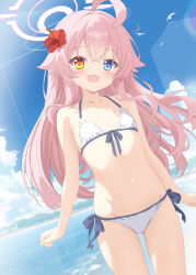 1girl :d ahoge aruka_(alka_p1) bare_shoulders beach bikini blue_archive blue_eyes blue_sky blush bow bow_bikini cloud commentary cowboy_shot crossed_bangs day fang flat_chest flower hair_between_eyes hair_flower hair_ornament halo heterochromia highres hoshino_(blue_archive) huge_ahoge loli long_hair looking_at_viewer navel ocean open_mouth outdoors pink_hair pink_halo red_eyes skin_fang sky smile solo standing stomach sunlight swimsuit thighs very_long_hair white_bikini