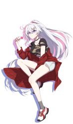 1girl absurdres artist_logo bare_shoulders black_shirt blue_eyes breasts candy chinese_commentary closed_mouth clothes_down commentary_request food full_body hair_between_eyes highres holding holding_candy holding_food holding_lollipop honkai_(series) honkai_impact_3rd jacket kiana_kaslana large_breasts legs light_smile logo lollipop long_hair looking_at_viewer luyue nail_polish plaid_clothes plaid_jacket ponytail purple_pupils red_nails red_shoes shirt shoes short_sleeves shorts side_ahoge simple_background solo star-shaped_pupils star_(symbol) symbol-shaped_pupils very_long_hair white_background white_hair white_shorts