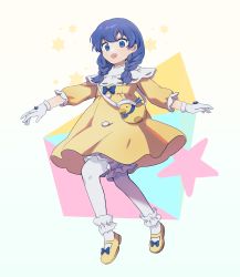 1girl :d bloomers blue_bow blue_eyes blue_hair bow braid commentary_request dress footwear_bow full_body gloves highres hohohoi long_hair looking_at_viewer mary_janes open_mouth pantyhose ragnarok_online ragnarok_origin rubber_duck shoes smile solo star_(symbol) twin_braids underwear white_gloves white_pantyhose yellow_dress yellow_shoes