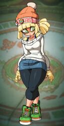 Rule 34 | 1girl, @ @, animated, arms (game), arms behind back, belly, blonde hair, blush, breast expansion, breasts, cameltoe, cleavage, covered erect nipples, curvy, eye mask, fat mons, female focus, full body, green eyes, hat, huge breasts, jellot, leggings, looking at viewer, medium breasts, min min (arms), navel, ponytail, pussy, pussy peek, shoes, short hair, shorts, skindentation, sneakers, solo, tagme, thick thighs, thighs, torn clothes, video, wide hips
