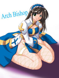 Rule 34 | 1girl, 2000s (style), arch bishop (ragnarok online), black hair, blue dress, blue hairband, breasts, character name, cleavage, cleavage cutout, closed mouth, clothing cutout, commentary request, cross, dress, expressionless, fishnet thighhighs, fishnets, frilled hairband, frilled thighhighs, frills, full body, green eyes, hairband, juliet sleeves, long hair, long sleeves, looking at viewer, medium breasts, panties, puffy sleeves, ragnarok online, sash, simple background, solo, tatsumi ray, thighhighs, two-tone dress, underwear, white background, white dress, white panties, white thighhighs, yellow sash