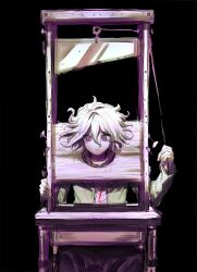 1boy absurdres black_background chottong-gyogeub_jjimging danganronpa_(series) danganronpa_2:_goodbye_despair desk green_jacket guillotine hair_between_eyes highres holding jacket komaeda_nagito male_focus medium_hair messy_hair pants pink_eyes school_desk simple_background solo
