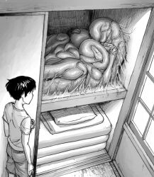 Rule 34 | 1boy, 1girl, arthropod girl, black hair, chrysalis (butterfly), closet, cocoon, double deck, indoors, monochrome, monster girl, original, shirt, short hair, shorts, t-shirt