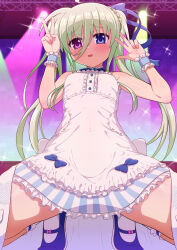 Rule 34 | 1girl, blue eyes, breasts, commentary request, commission, double v, dress, einhard stratos, green hair, heterochromia, highres, large variant set, long hair, lyrical nanoha, mahou shoujo lyrical nanoha vivid, mumyou ishi, parted lips, petite, purple eyes, skeb commission, small breasts, solo, spread legs, squatting, stage, stage lights, twintails, v, variant set, w, white dress, wrist cuffs