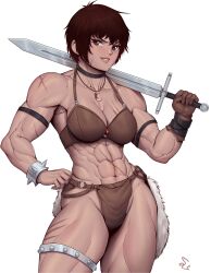 1girl abs absurdres armlet bare_arms bikini breasts brown_eyes brown_hair cleavage collarbone hand_on_own_hip highres holding holding_sword holding_weapon jewelry legs medium_breasts muscular muscular_female necklace original scar short_hair smile solo speedl00ver swimsuit sword thighlet thighs warrior weapon