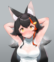 1girl @_@ animal_ear_fluff animal_ears armpits arms_up black_hair bra bra_visible_through_clothes breasts cleavage closed_mouth commentary_request embarrassed flipped_hair hair_ornament hairclip highres hololive impossible_clothes impossible_shirt kani_bonara large_breasts long_hair looking_at_viewer multicolored_hair official_alternate_costume ookami_mio ookami_mio_(street) red_hair see-through_clothes see-through_cleavage shirt sidelocks sleeveless sleeveless_shirt solo spiked_hair steaming_body streaked_hair sweat sweaty_clothes underwear upper_body very_long_hair virtual_youtuber wavy_mouth white_bra white_shirt wolf_ears yellow_eyes