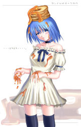 1girl bisuke-tan c-wing female_focus kfc object_on_head personification solo syrup thighhighs