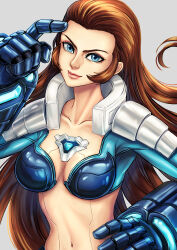 1girl armor bikini blue_eyes breasts brown_hair closed_mouth cyborg genderswap genderswap_(mtf) gloves glowing_clothes hair_slicked_back highres kd_kaewdesu lady_maxima long_hair maxima mechabare medium_breasts no_eyebrows shoulder_pads sideburns smile snk swimsuit the_king_of_fighters the_king_of_fighters_all-stars thick_arms white_armor