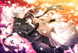 1boy 1girl black_hair black_scarf brown_hair cherry_blossoms closed_eyes hakama hakuouki_shinsengumi_kitan hetero holding holding_vial hug japanese_clothes jin_akhr long_hair ponytail ripples scarf vial white_hair wide_sleeves yamazaki_susumu_(hakuouki) yukimura_chizuru