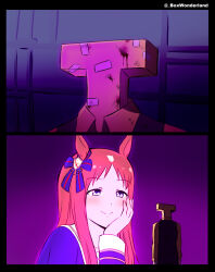 Rule 34 | absurdres, bandaid, blade runner (series), blade runner 2049, bleeding, blood, box wonderland, grass wonder (umamusume), highres, hologram, trainer (umamusume), umamusume