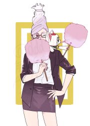 Rule 34 | 2girls, ayase seiko, bell, black jacket, black skirt, brown eyes, cat, commentary request, cotton candy, cowboy shot, dandadan, food, glasses, hand on own hip, highres, holding, holding cotton candy, holding food, jacket, long hair, maneki-neko, mature female, miniskirt, multiple girls, neck bell, nenza naore, one eye closed, open clothes, open jacket, shirt, skirt, sleeves rolled up, turbo granny (dandadan), white hair, white shirt
