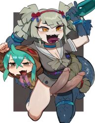 1futa 1girl :d animal_hood aqua_hair arm_up asymmetrical_legwear black_sash blue_gloves blue_hair blue_socks blue_tail blue_thighhighs bottle bow bow_hairband bowtie breasts cleavage clenched_hand crossed_bangs erection extra_penises fang fangs forked_tongue futanari gloves grey_bow grey_bowtie grey_eyes grey_hair grey_shirt hairband highres holding holding_bottle hood hood_up japari_symbol jewelry jpeg_artifacts kemono_friends kneehighs large_breasts large_penis long_hair multicolored_hair neck_ring obi obijime open_mouth orange_eyes penis pinky_out raichiyo red_hairband sailor_collar sash shirt short_hair short_sleeves single_kneehigh single_sock single_thighhigh smile snake_hood snake_tail socks sweat tail thighhighs thighlet tongue tongue_out tsuchinoko_(kemono_friends) twintails two-tone_hair uncensored uneven_eyes uneven_legwear white_sailor_collar yamata_no_orochi_(kemono_friends)